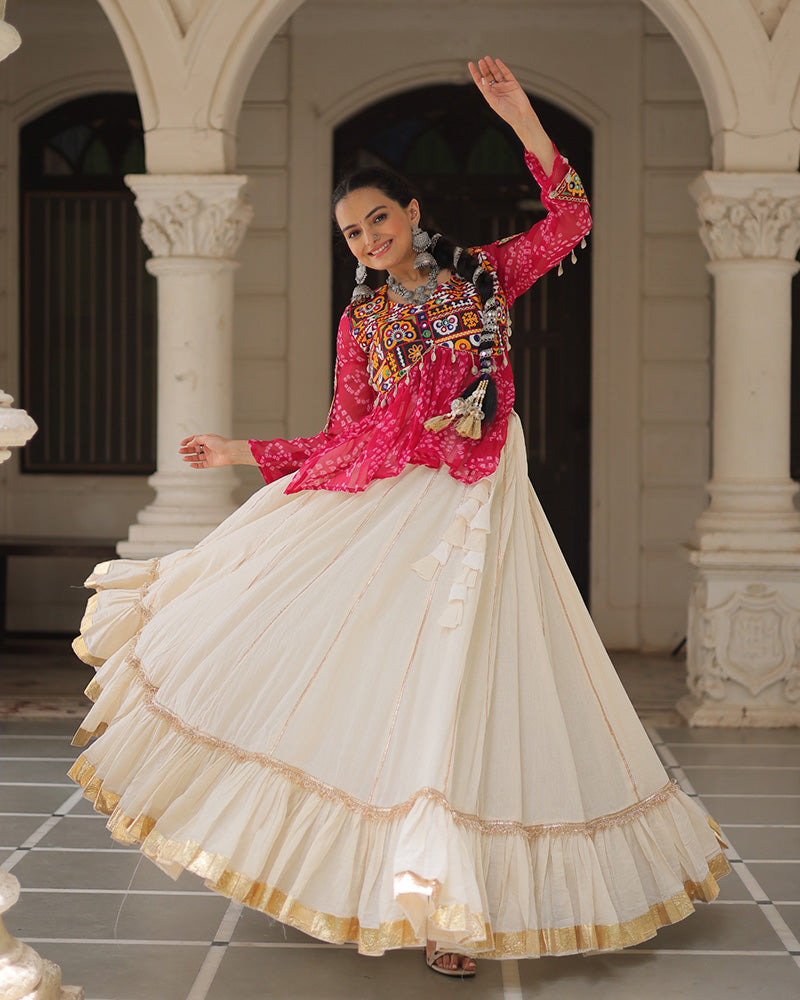 Vibrant Gamthi Work Rani Pink Kediya With Off-White Traditional Lehenga