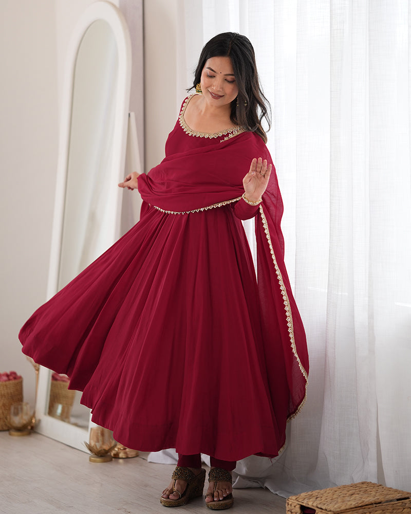 Maroon Color Pure Mal CHanderi Three Piece Anarkali Suit