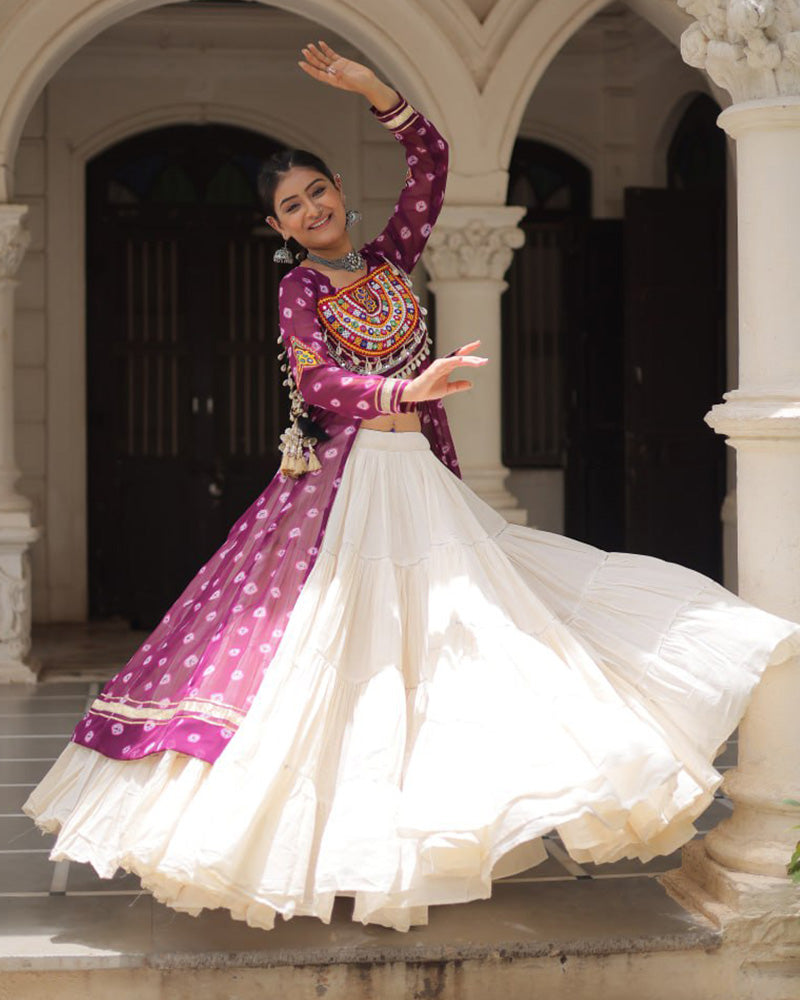 Purple Color Bandhani Print Kurti With Kora Cotton Lehenga