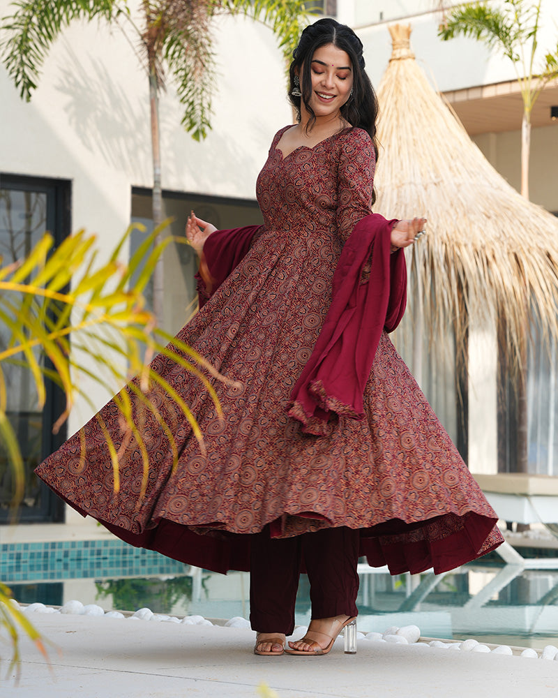 Traditional Ajrakh Print Maroon Cotton Anarkali Suit – TANHAI