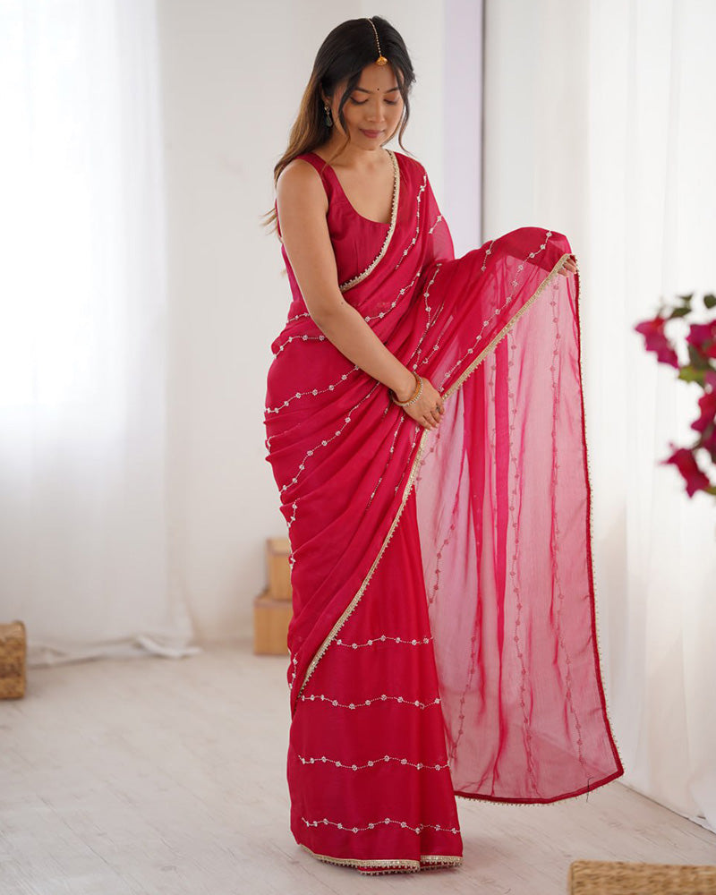 Rani Pink Color Smooth Sitara Embroidered Saree