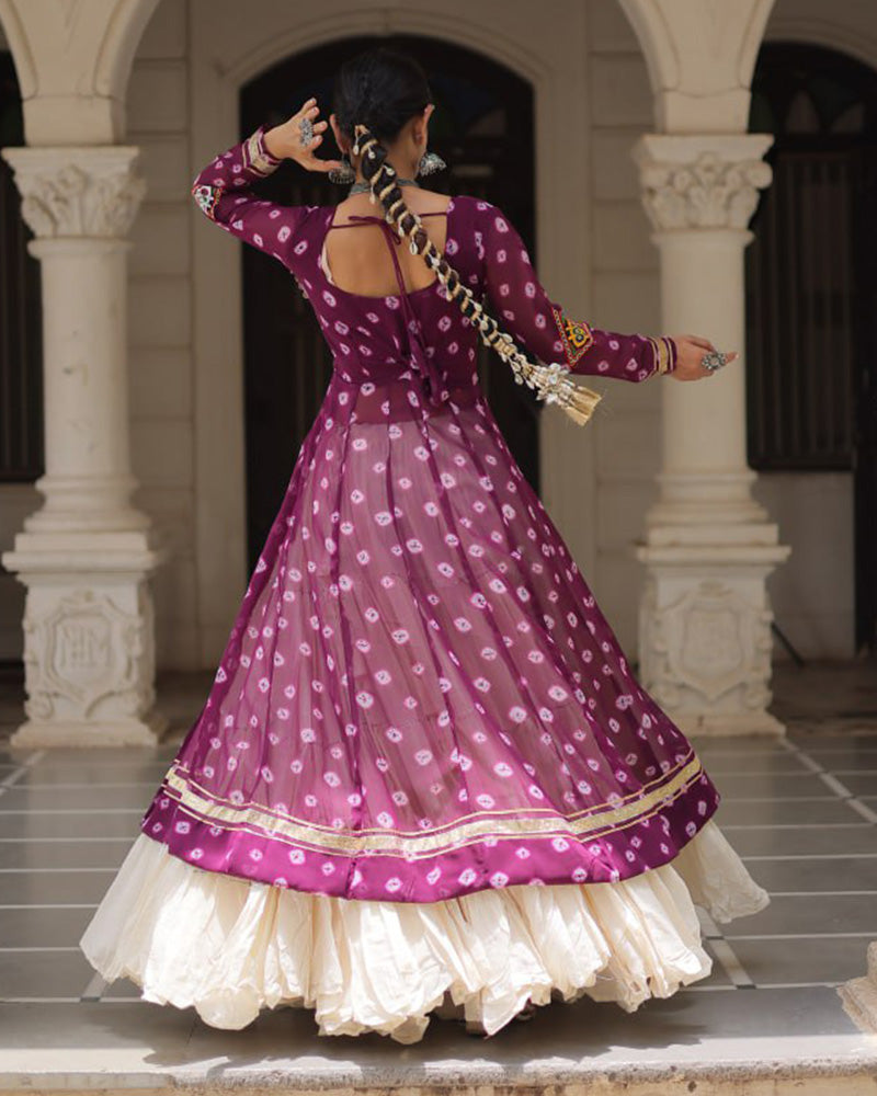 Purple Color Bandhani Print Kurti With Kora Cotton Lehenga