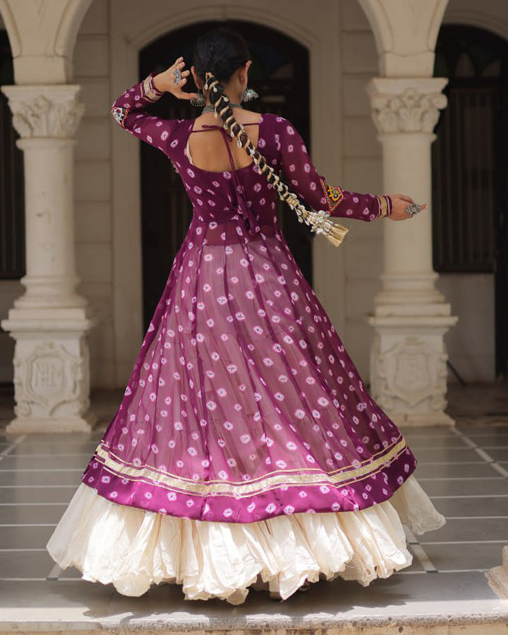 Purple Color Bandhani Print Kurti With Kora Cotton Lehenga