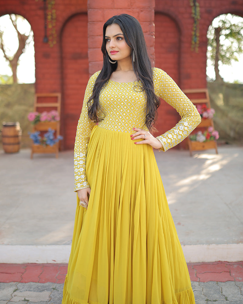 Yellow Color Designer Zari Embroidery work Gown