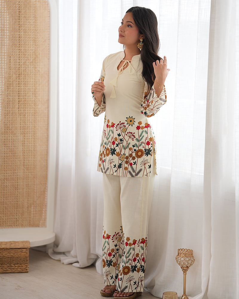 Off White Color Slub Cotton FLoral Printed Kurta Set