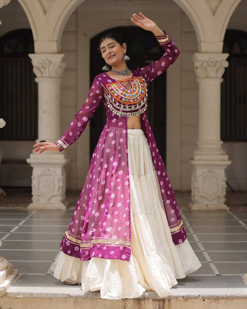 Purple Color Bandhani Print Kurti With Kora Cotton Lehenga