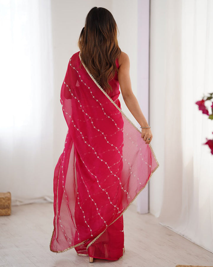Rani Pink Color Smooth Sitara Embroidered Saree