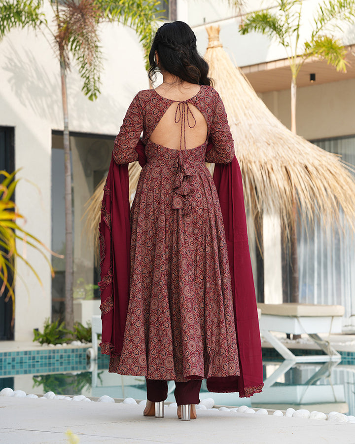 Traditional Ajrakh Print Maroon Cotton Anarkali Suit