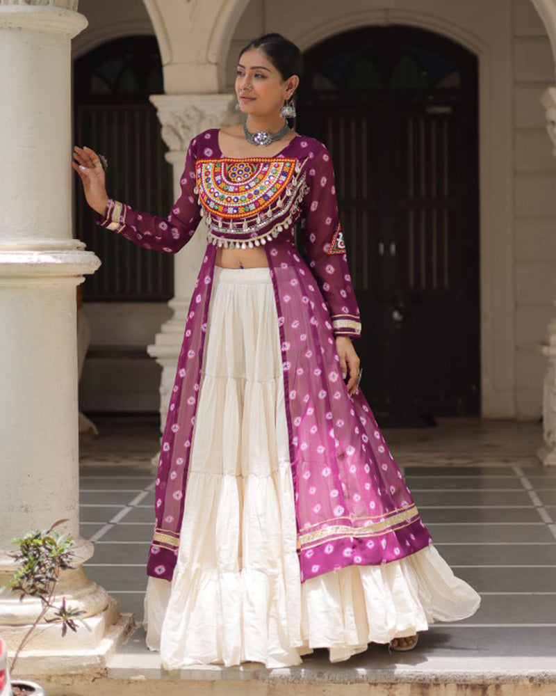 Purple Color Bandhani Print Kurti With Kora Cotton Lehenga