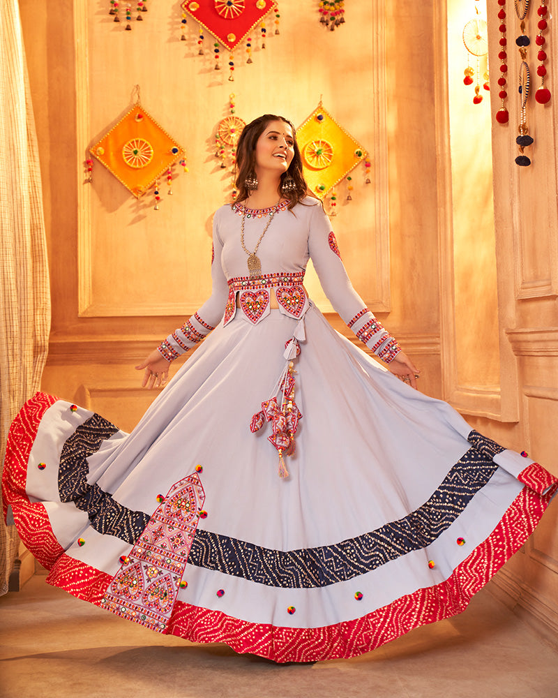 Sky Color Viscose Rayon Threaded Fully Stitched Navratri Lehenga Choli