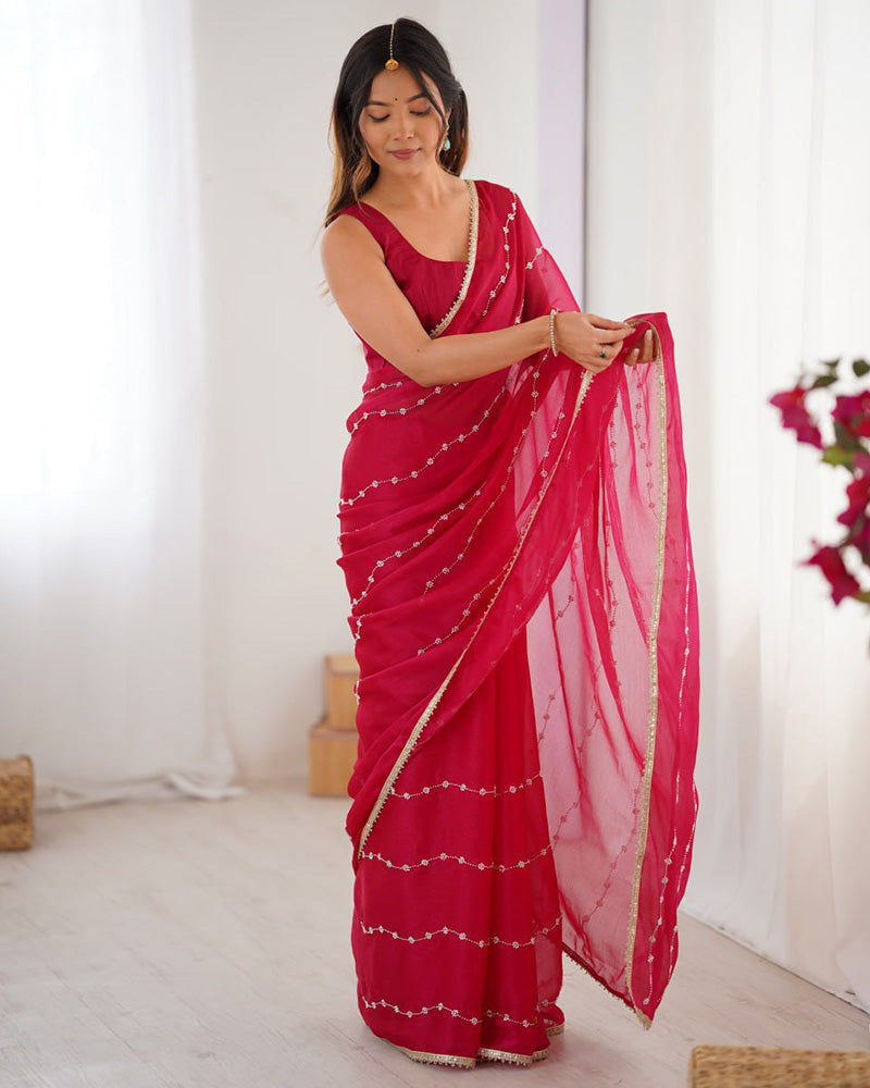 Rani Pink Color Smooth Sitara Embroidered Saree