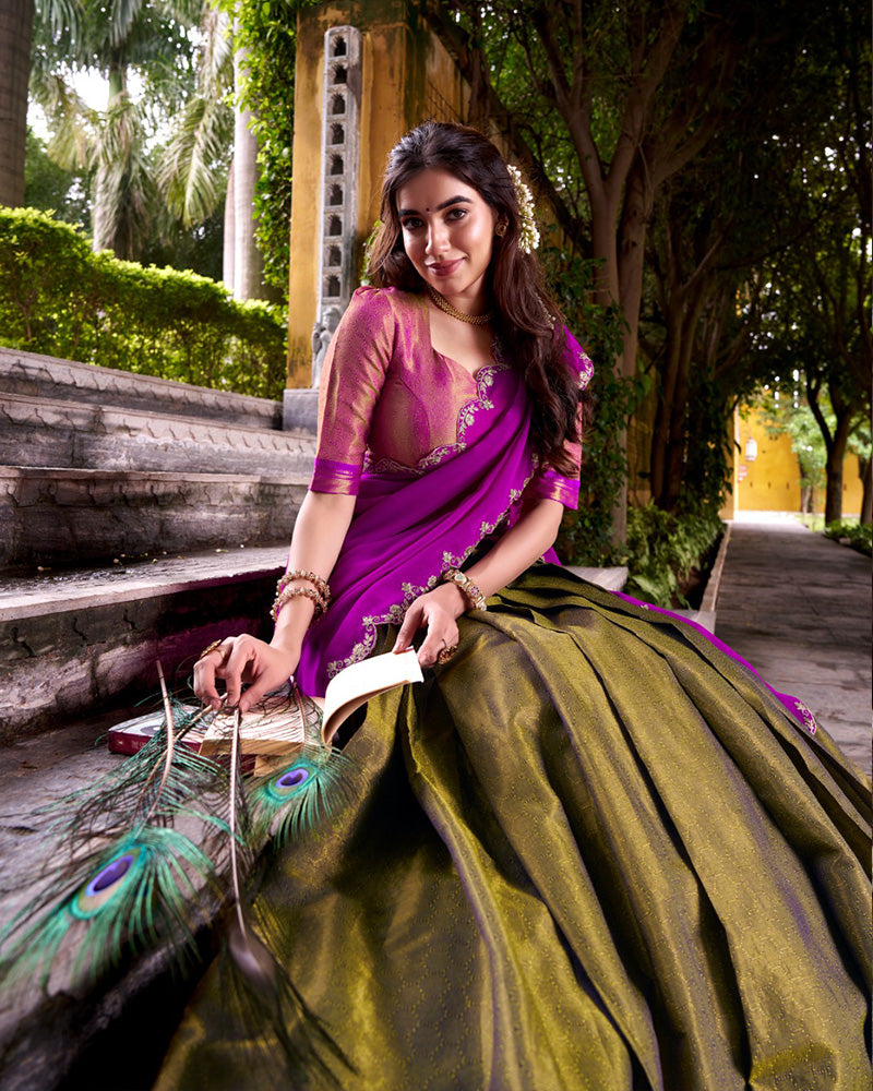 Designer Mehndi Color Kanchipuram Zari Weaving Half Saree