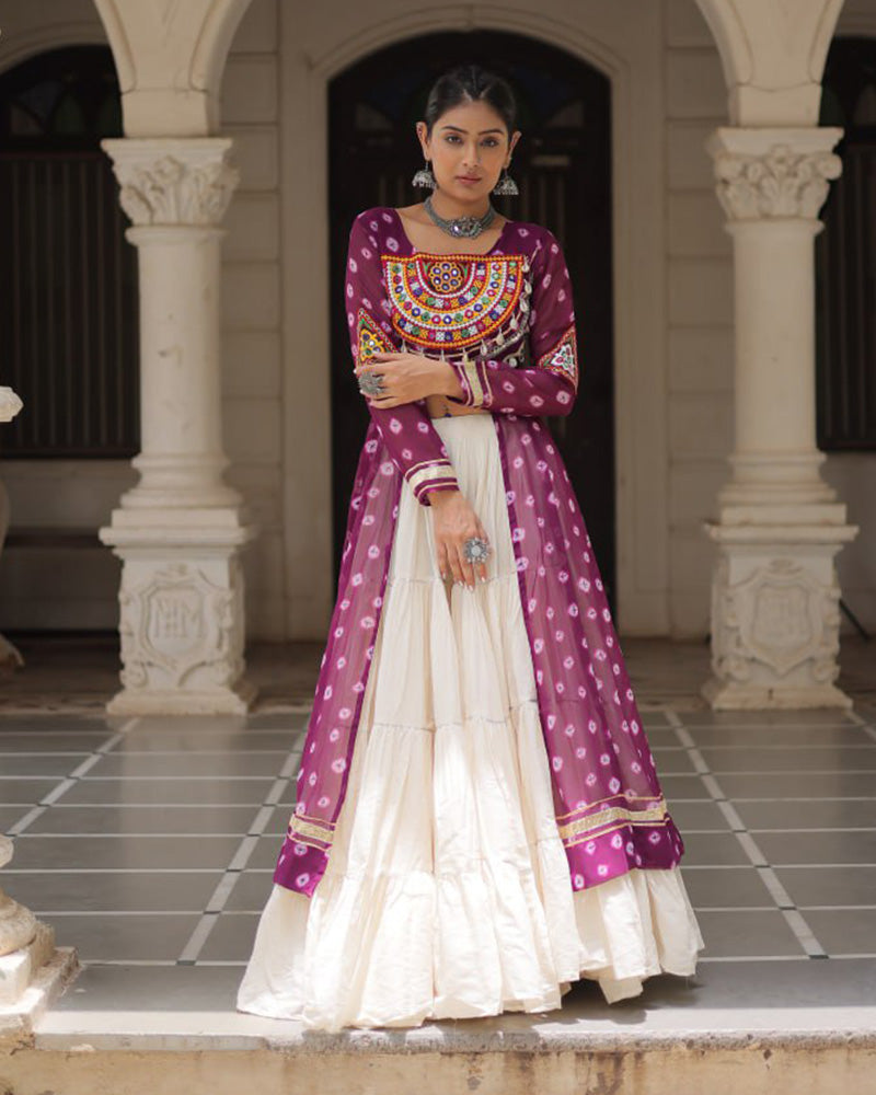 Purple Color Bandhani Print Kurti With Kora Cotton Lehenga