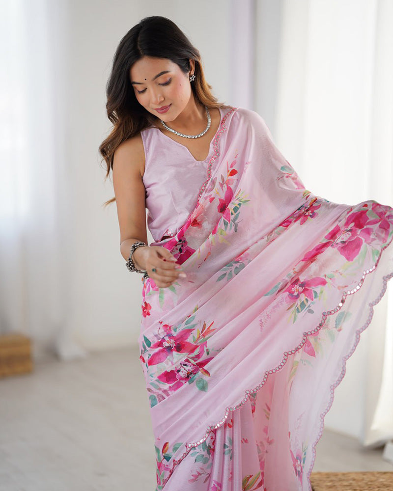 Baby Pink Color Chinnon Silk Digital Printed Saree