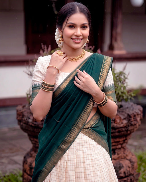 White And Green Color Poly Cotton Chex Onam Half Saree