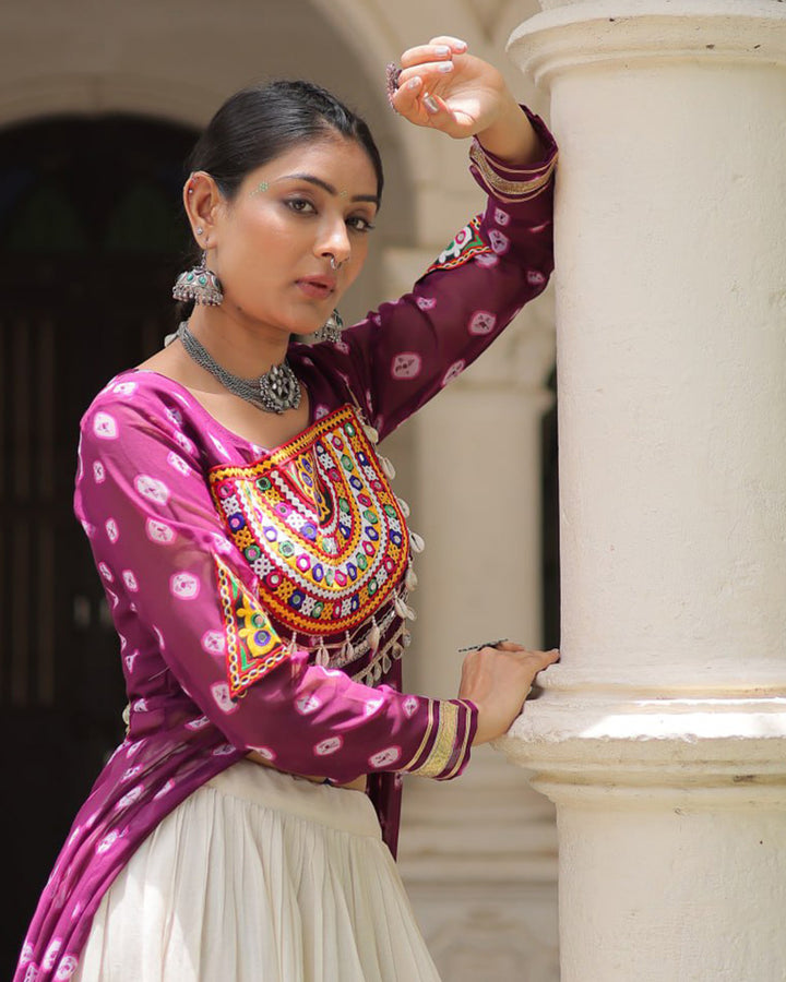 Purple Color Bandhani Print Kurti With Kora Cotton Lehenga