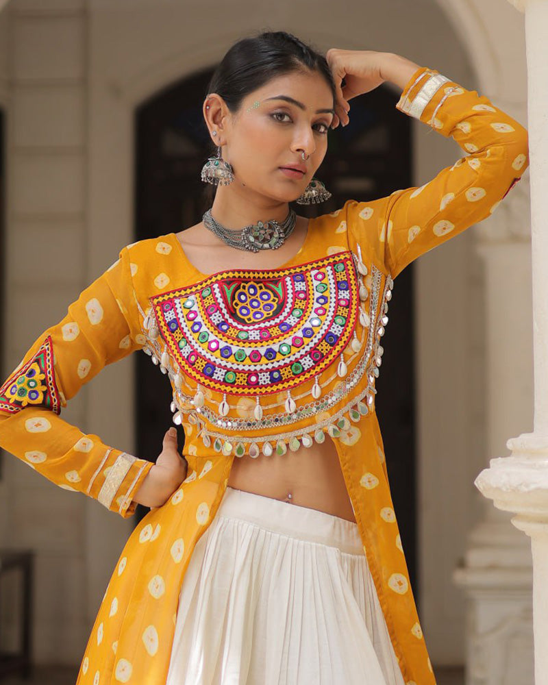 Yellow Color Bandhani Print Kurti With Kora Cotton Lehenga
