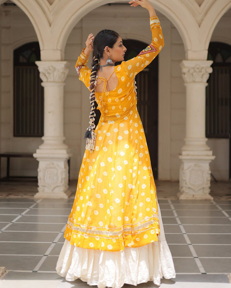 Yellow Color Bandhani Print Kurti With Kora Cotton Lehenga