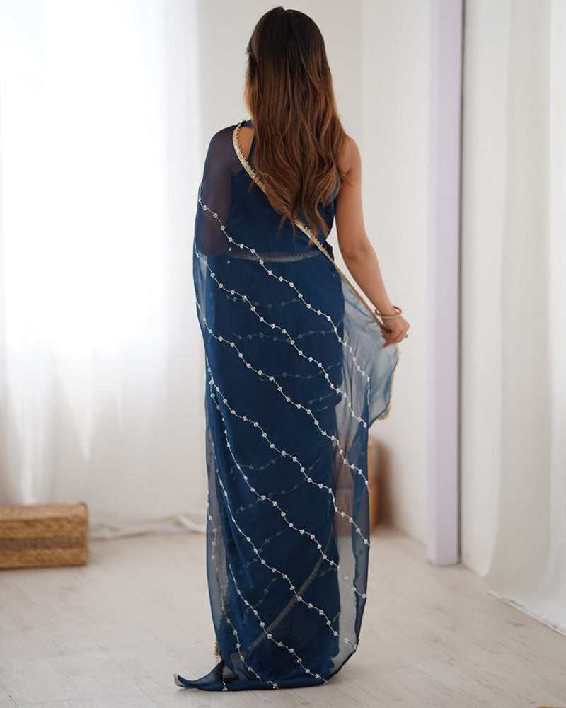 Navy Blue Color Smooth Sitara Embroidered Saree