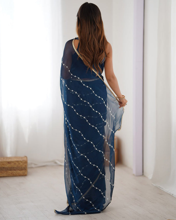 Navy Blue Color Smooth Sitara Embroidered Saree