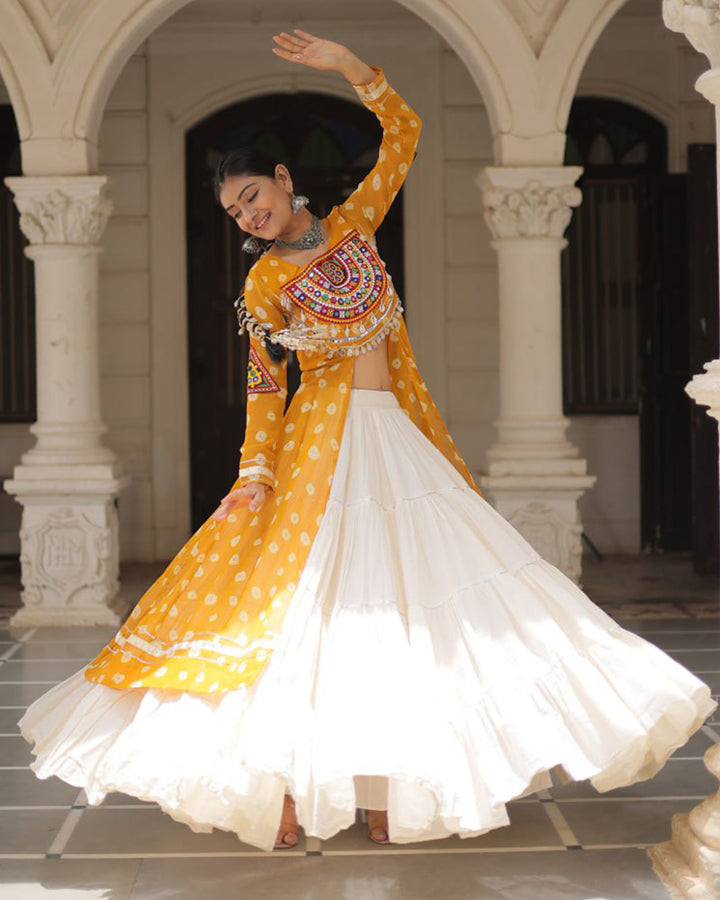 Yellow Color Bandhani Print Kurti With Kora Cotton Lehenga