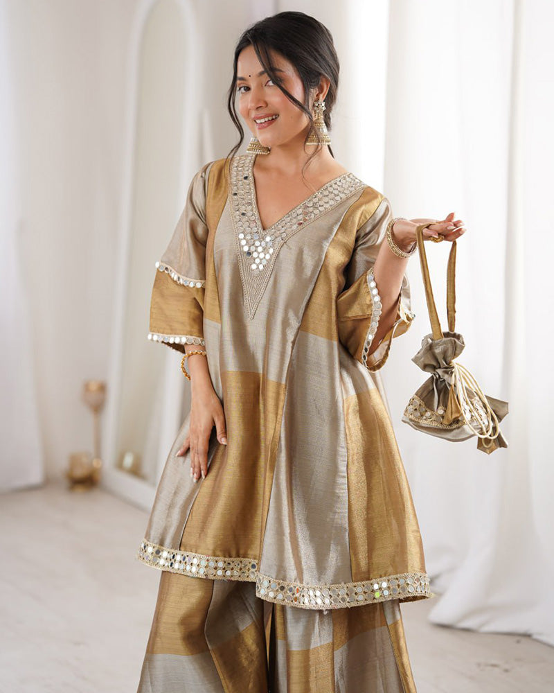 Grey Color Two-Tone Tissue Silk Embroidered Plazzo Suit