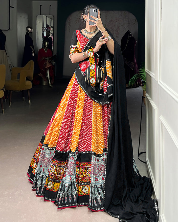 Red And Yellow Bandhej And Ajarakh Print Rayon Navratri Lehenga Choli