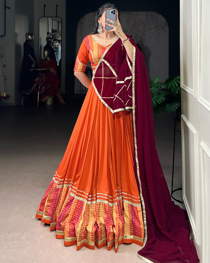 Orange Color Rayon Bnahdej Print Navratri Lehenga Choli