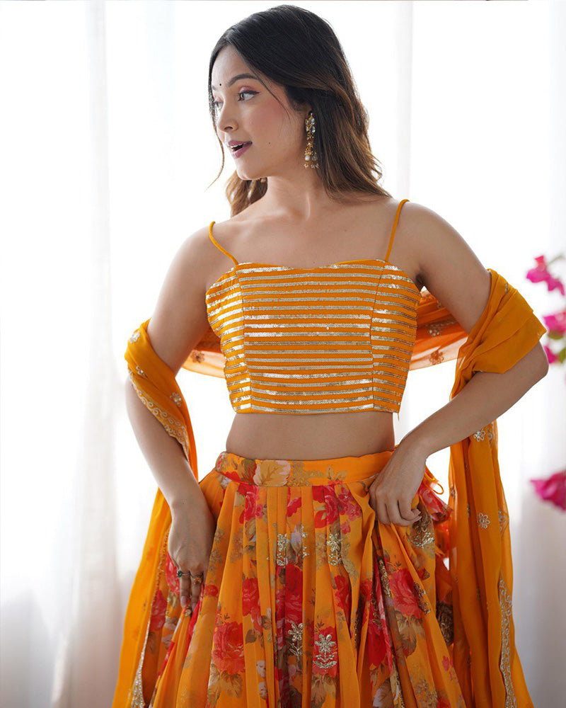 Mustard Color Georgette Printed And Embroidered Lehenga Choli