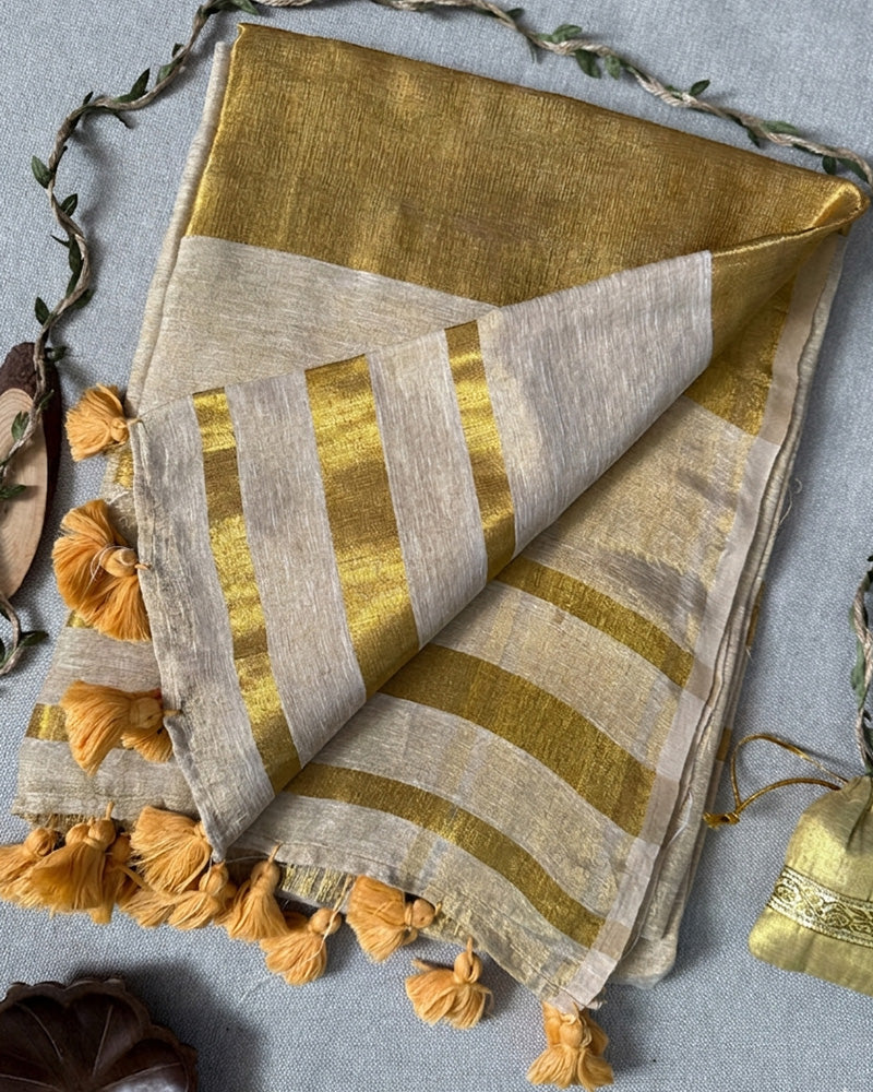 Cream Color Pure Mal Cotton Kanchipuram Saree