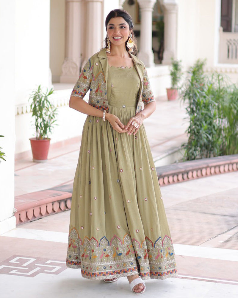 Olive Green Color Vichitra Silk Embroidered Gown
