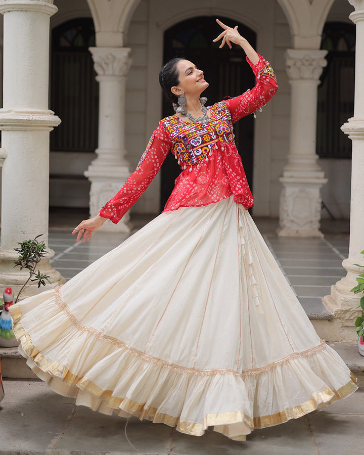 Vibrant Gamthi Work Red Kediya With Off-White Traditional Lehenga