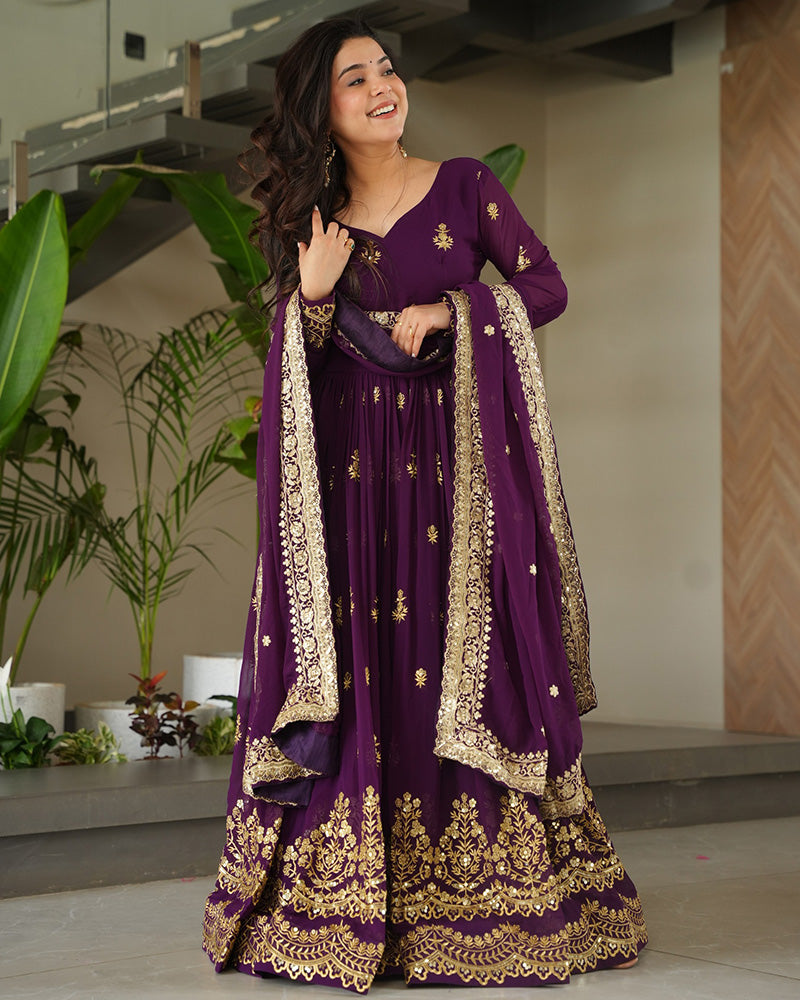 Purple Color Designer Blooming Embroidered Gown