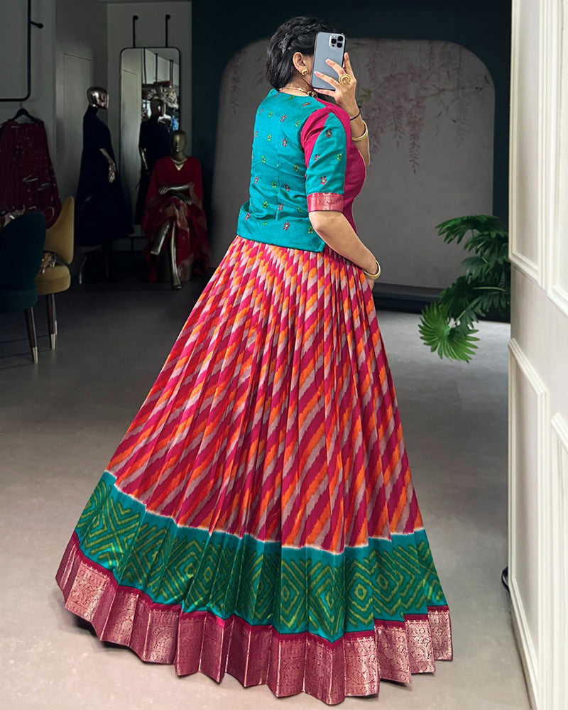 Red Color Tasar Silk Laheriya Printed Lehenga Choli
