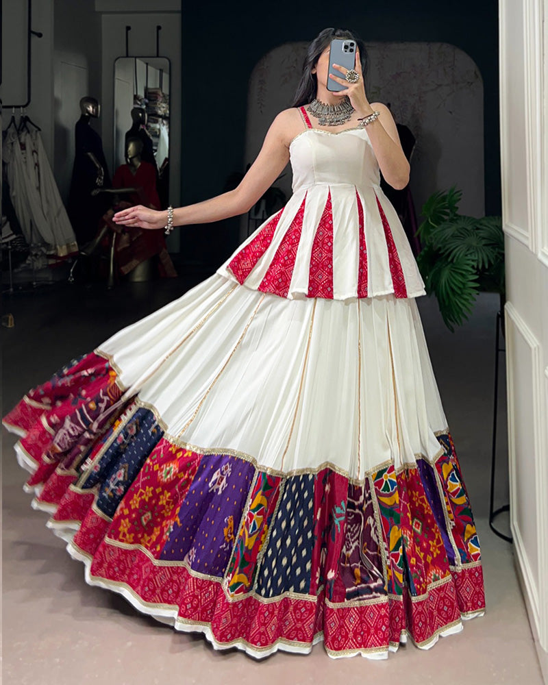 Graceful White Navratri Lehenga Choli With Traditional Prints