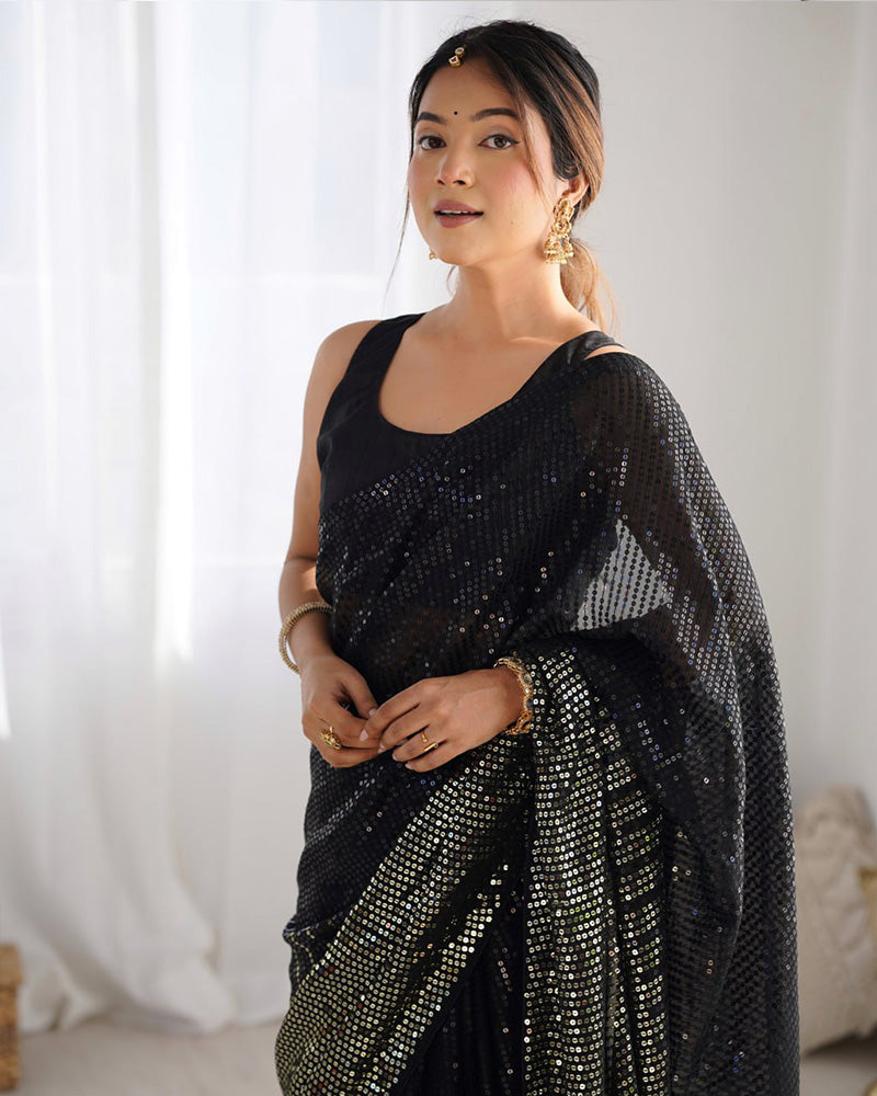 Black Color Heavy Georgette Embroidered Saree