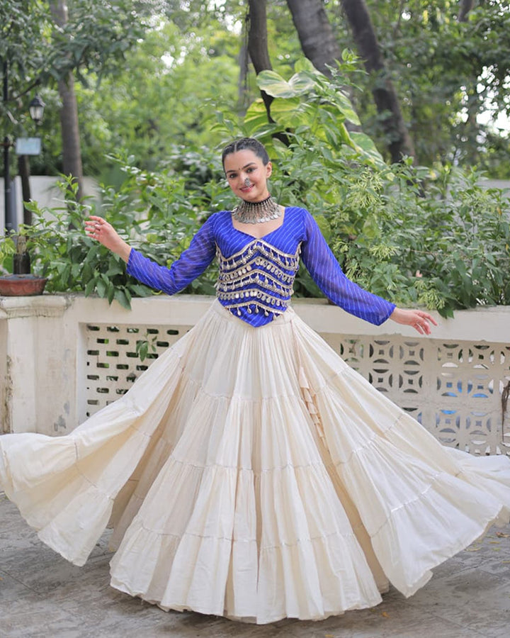 Royal Blue Color Laheriya Print Kurti With Kora Cotton Lehenga