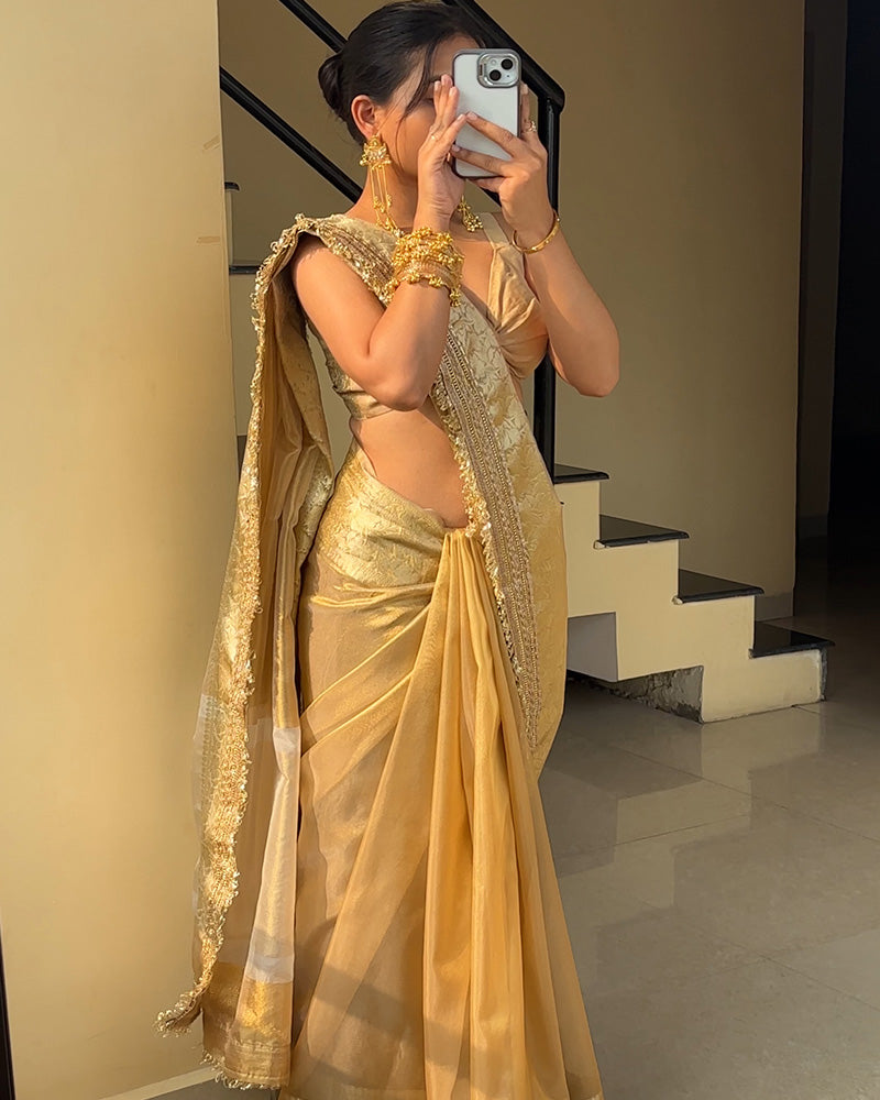 Cream Color Banarasi Organza Tissue Silk Saree