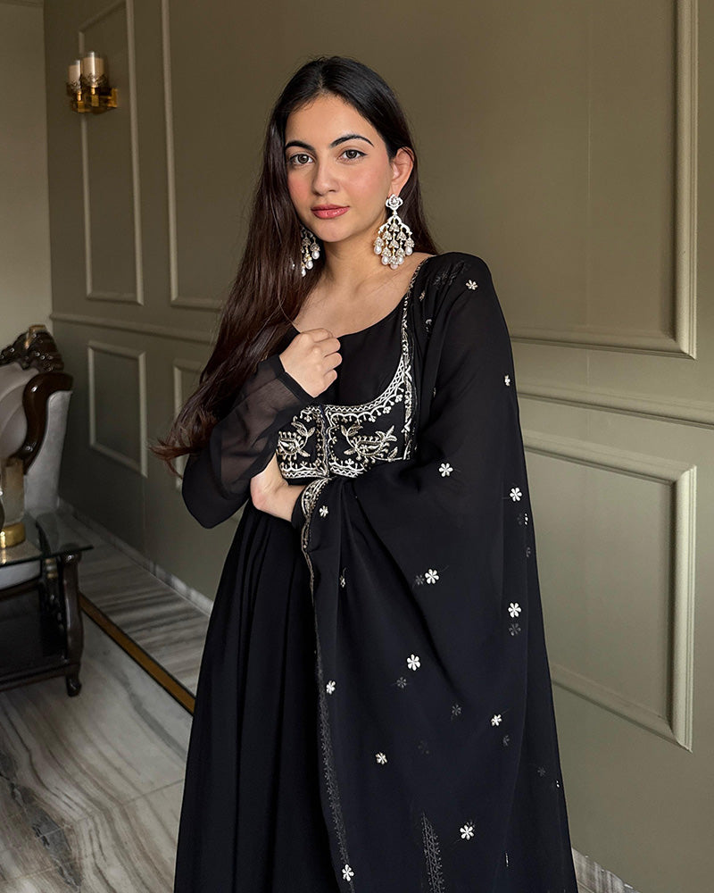 Black Color Faux Georgette Embroidered Anarkali Suit