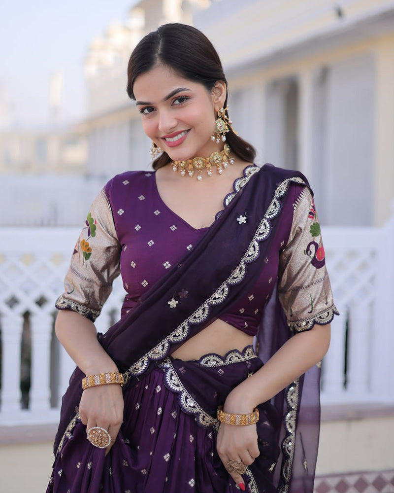 Wine Color Dola Silk Embroidered Lehenga Choli