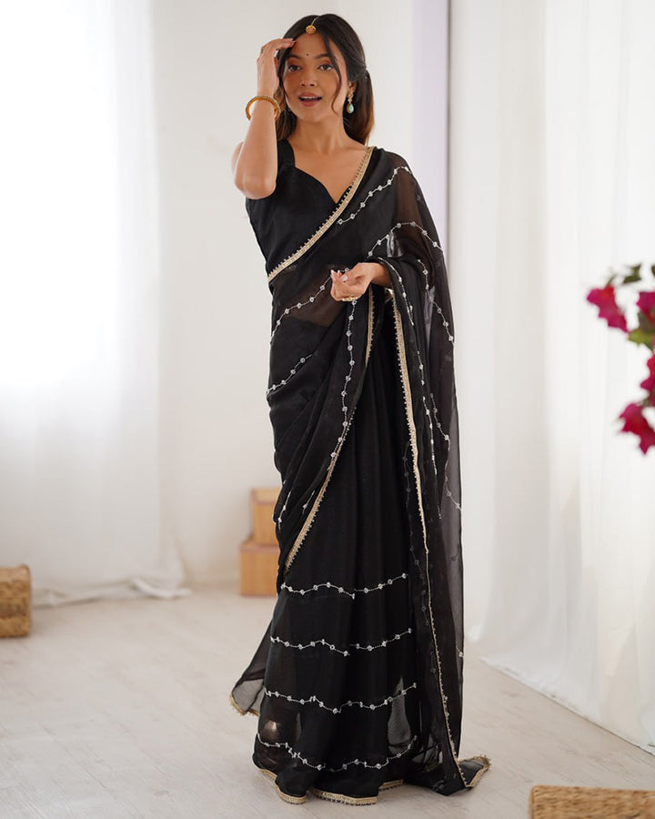 Black Color Smooth Sitara Embroidered Saree
