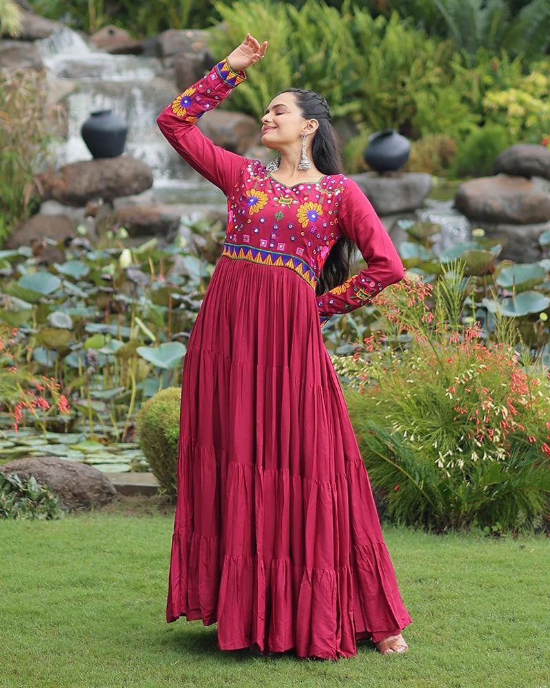 Maroon Color Rayon Gamthi Style Navratri Gown