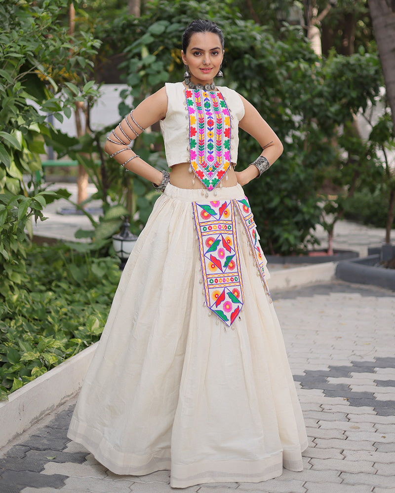 Off-White Color kora Cotton Gamthi Embroidered Navratri Lehenga Choli