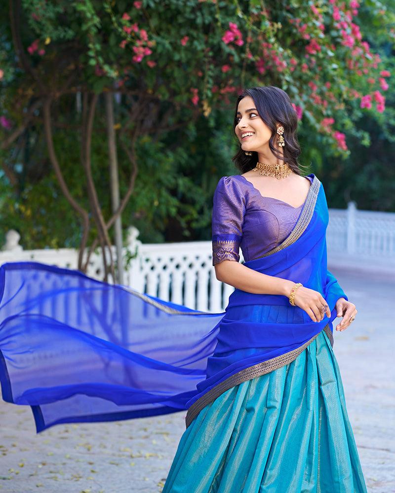 Royal Blue Color Kanchipuram Silk Designer Half Saree