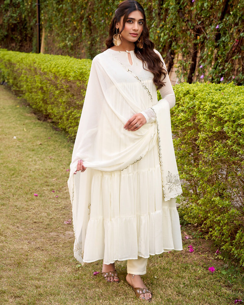 Off-White Color Marble Three Piece Anarkali Suit