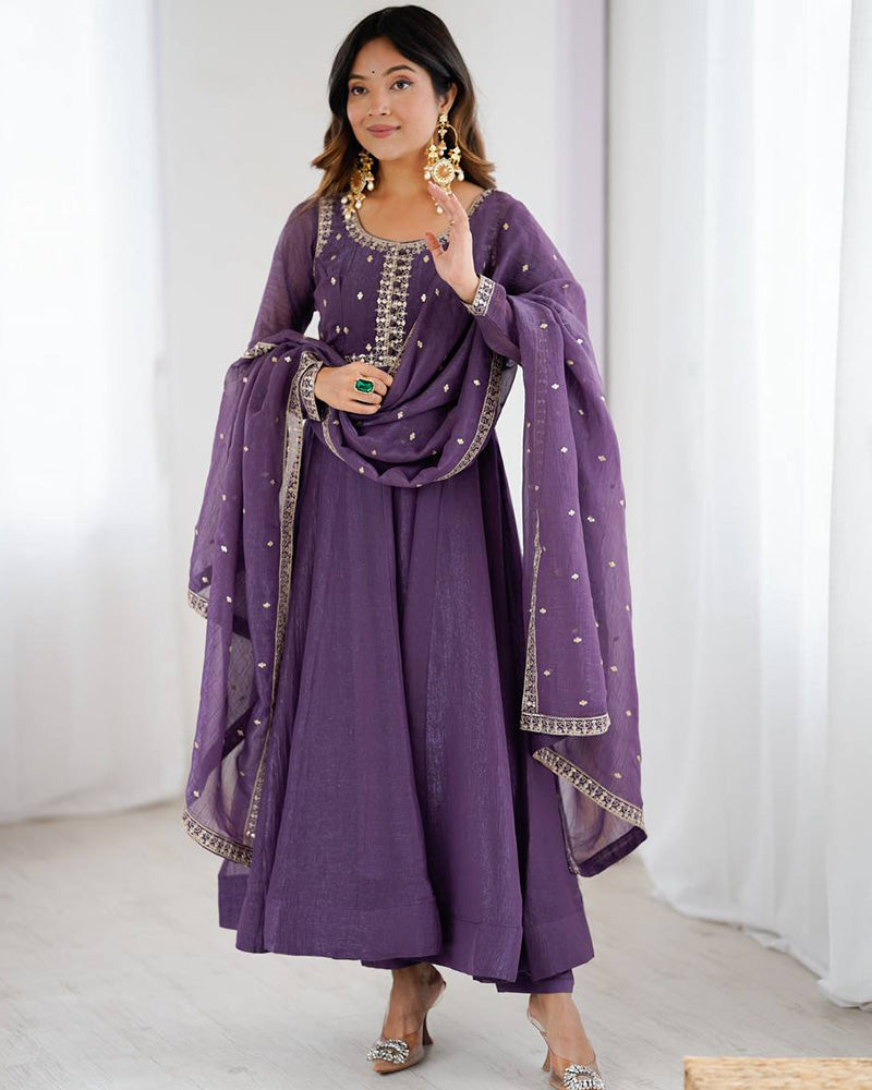 Dusty Mauve Color Crunchy Silk Three Piece Anarkali Suit