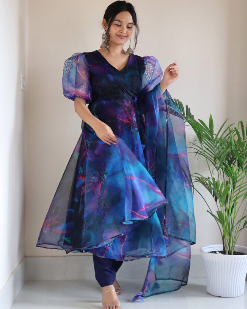 Blue Color Printed Soft Organza Anarkali Suit