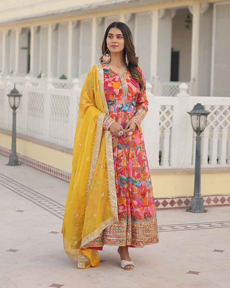 Wedding Wear Floral Embroidered Pink Color Alia Cut Gown With Dupatta