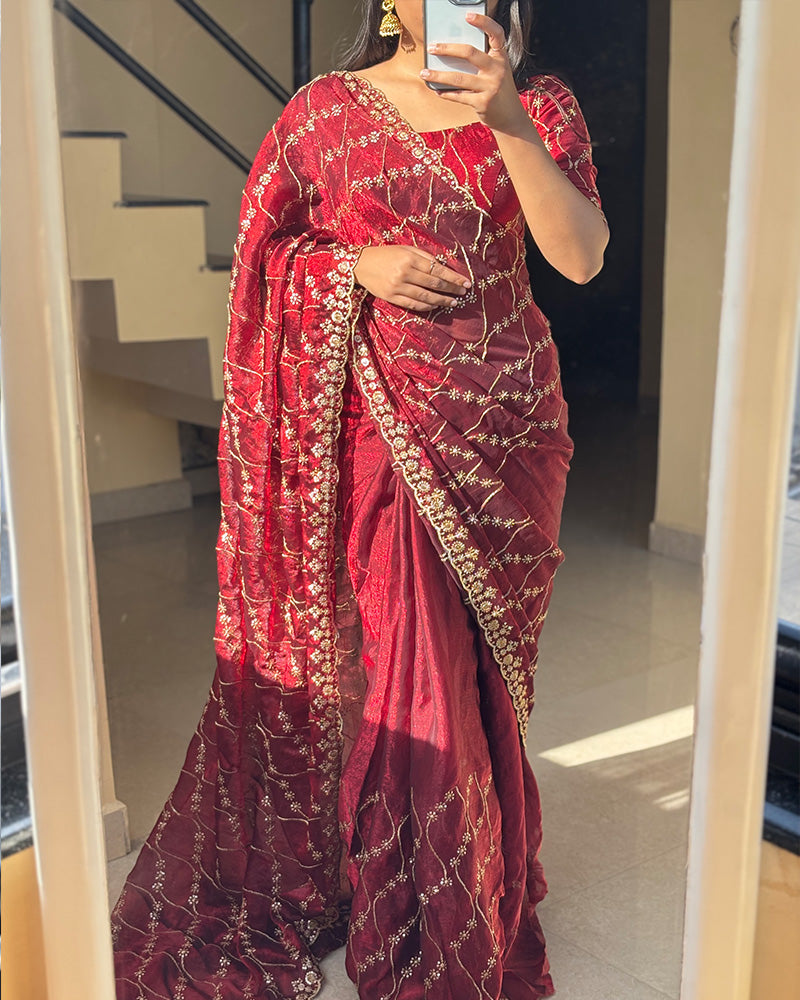 Maroon Color Space Silk Embroidered Saree