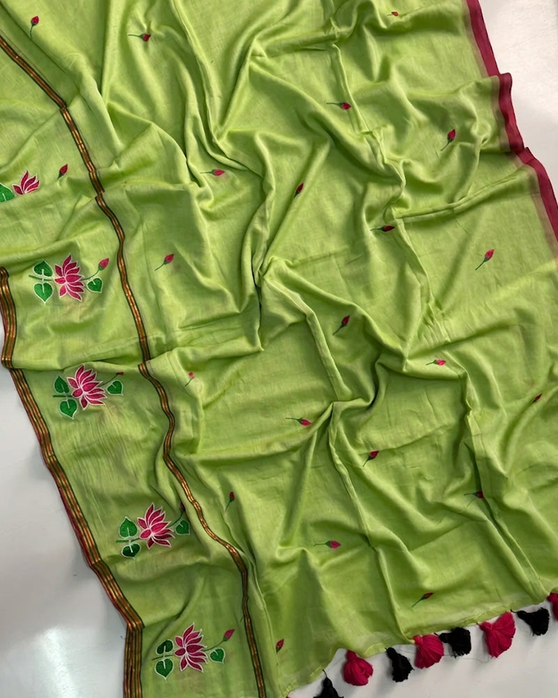 Pista Color Pure Mal Cotton Lotus Work Saree